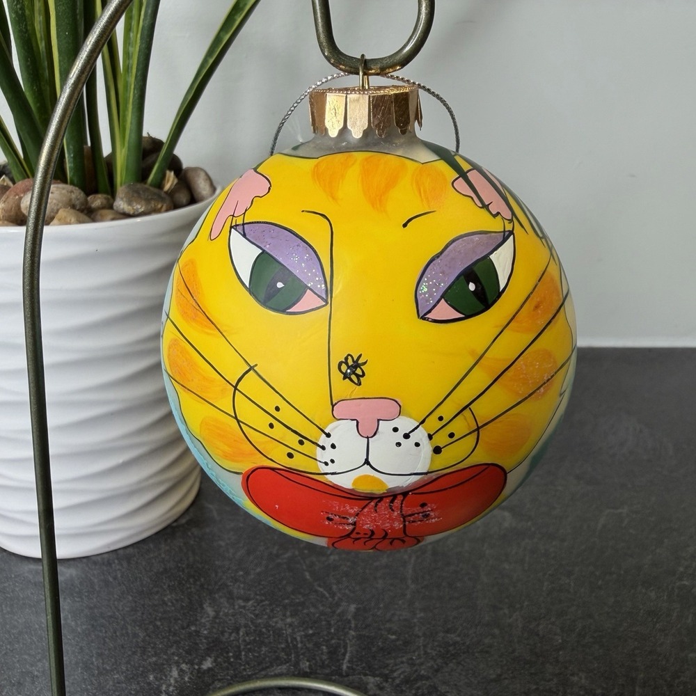 Diane Artware Hand Painted Maximalist Yellow Cat Kitty 3" Glass Ornament 2002